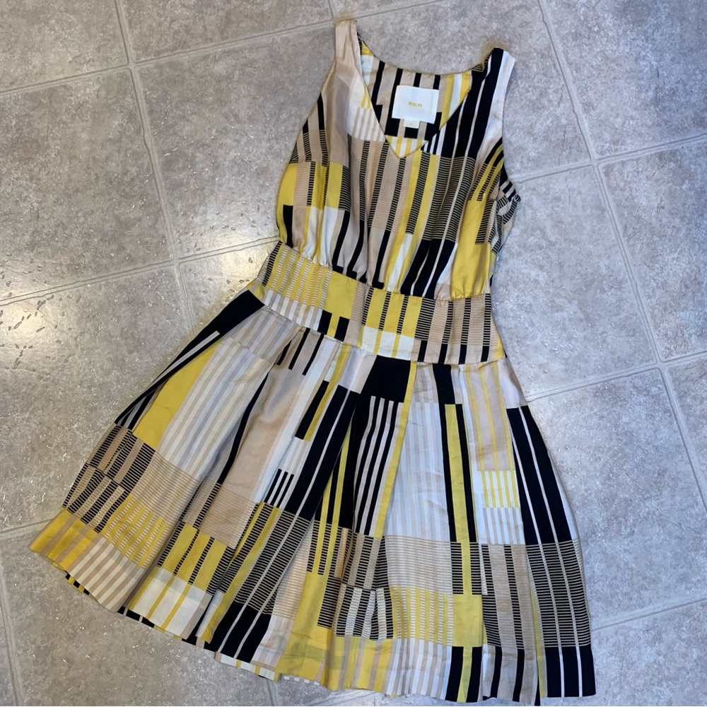 Maeve Anthropology Yellow, Beige, Black and White Geometric Dress with Pockets